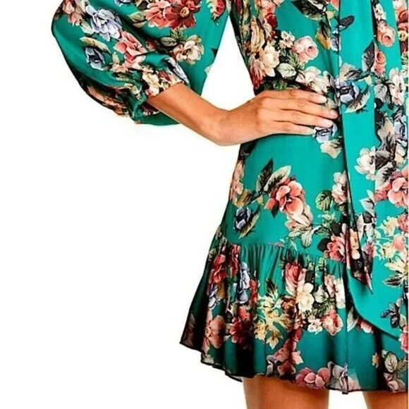 Alice + Olivia Merrilee Floral Tie V Neck Long Sleeve Mini Dress Green R… - Picture 10 of 11